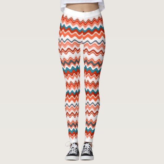 Coral Salmon Oranje Blue Wavy Zigzag Pattern Leggings (Voorkant)