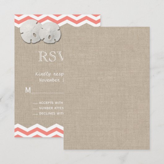 Coral Sand Dollar & Chevron RSVP (Voorkant / Achterkant)