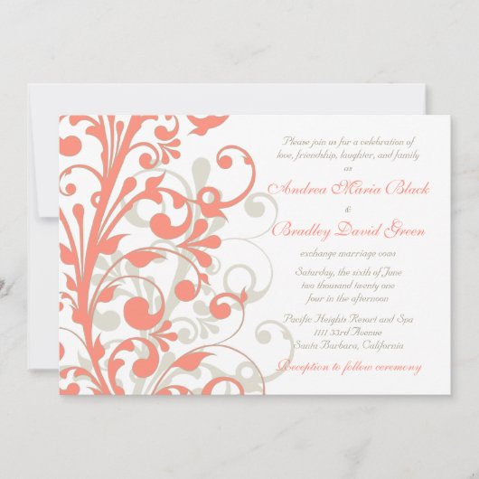 Coral, Sand Tan, White Floral Wedding Invitation Kaart (Voorkant)