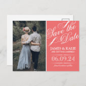 Coral  Script Photo Save the Date Aankondigingskaart (Voorkant / Achterkant)