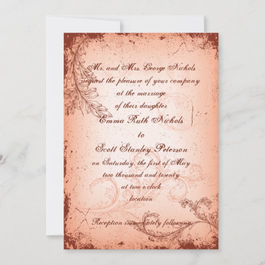  Coral Scroll Leaf Wedding Uitnodigen Kaart (Voorkant)