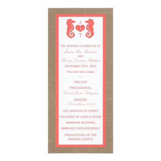 Coral Seahorse Burlap Beach huwelijksprogramma Reclamekaart (Voorkant)