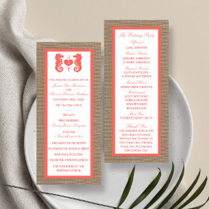 Coral Seahorse Burlap Beach huwelijksprogramma Reclamekaart