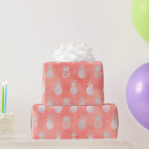 Coral & Silver Ananas   Tropische Luxe Zomer Cadeaupapier