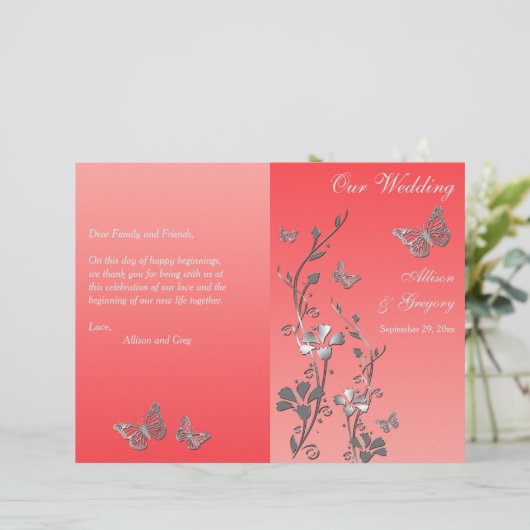 Coral Silver Butterfly Floral Wedding Programme 2 (Staand voorkant)