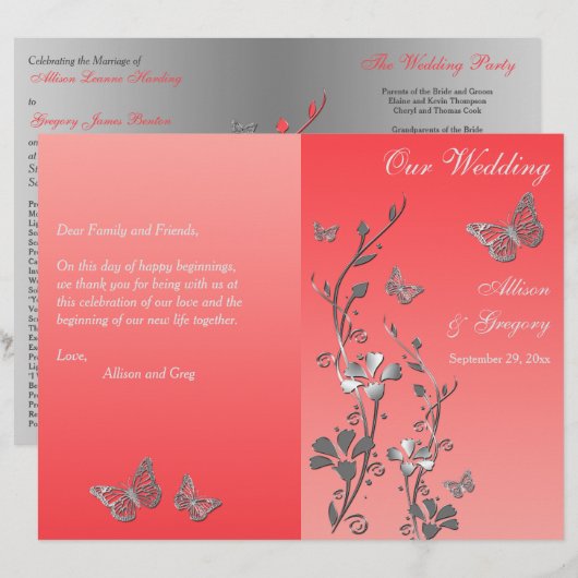 Coral Silver Butterfly Floral Wedding Programme 2 (Voorkant / Achterkant)