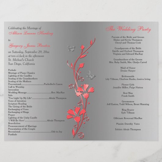 Coral Silver Butterfly Floral Wedding Programme 2 (Achterkant)