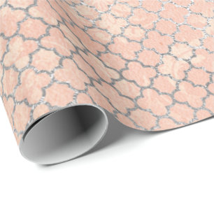 Coral Silver Peach Gray Pastel Metallic Quatrefoil Cadeaupapier