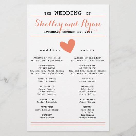 Coral Simple Heart Wedding Program (Voorkant)