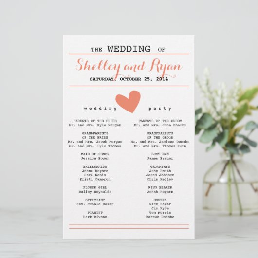 Coral Simple Heart Wedding Program (Staand voorkant)