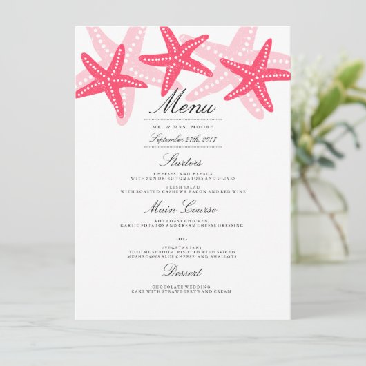 Coral Starfish Beach Wedding Dinner Menu (Staand voorkant)