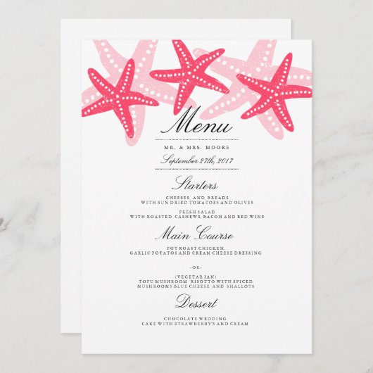 Coral Starfish Beach Wedding Dinner Menu (Voorkant / Achterkant)