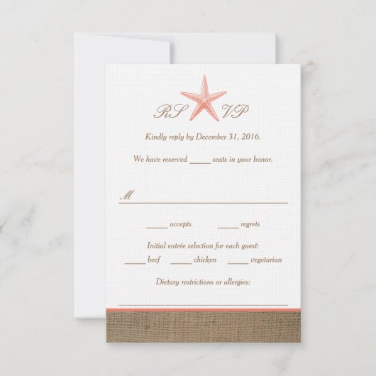 Coral Starfish Burlap Beach Wedding RSVP-kaarten RSVP Kaartje (Voorkant)