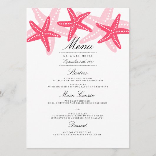 Coral Starfish Strand Bruiloft Diner Menu (Voorkant)