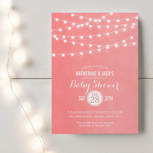 Coral String Lights Baby shower Invitation Kaart