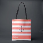 Coral Stripe Nautical Anchor Personalized Canvas t Tote Bag<br><div class="desc">Nautisch anker op levende koraal- en witte stripe achtergrond,  gepersonaliseerde bridale canvas tas. Pas tekst,  doopvontstijl,  kleur en grootte aan. De strepen in levend koraal kunnen aan uw keus van kleur worden aangepast.</div>