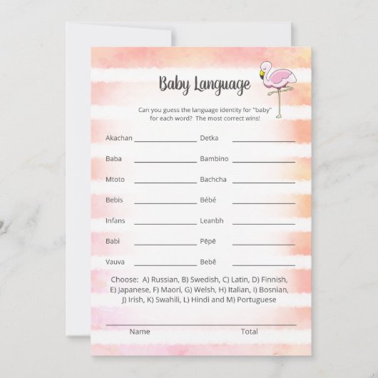 Coral Striped Flamingo Baby Language Shower Game Kaart (Voorkant)
