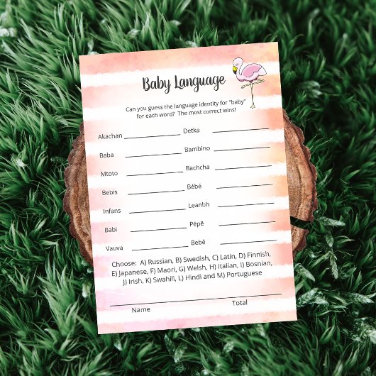 Coral Striped Flamingo Baby Language Shower Game Kaart