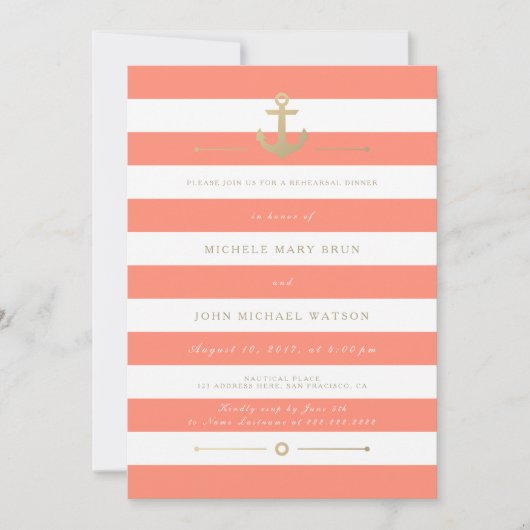 Coral Striped Nautical Rehearsal Dinner Invite Kaart (Voorkant)