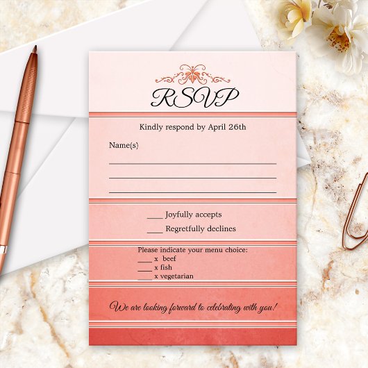 Coral Striped Ton sur Ton Wedding RSVP Kaart
