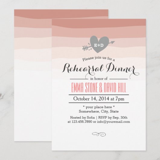 Coral Stripes Heart & Arrow Rehearsal Dinner Kaart (Voorkant / Achterkant)