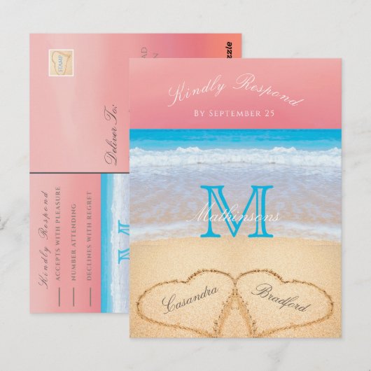 Coral Sunset Autumn Beach Wedding RSVP Briefkaart (Voorkant / Achterkant)