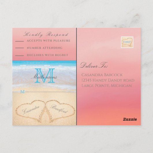 Coral Sunset Autumn Beach Wedding RSVP Briefkaart (Achterkant)