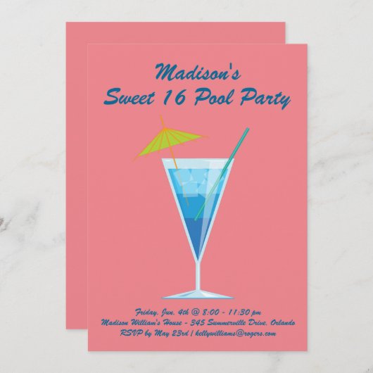 Coral Sweet 16 Pool Party Invitation Kaart (Voorkant / Achterkant)