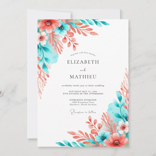 Coral Teal Artistic Bloom Wedding Kaart (Voorkant)