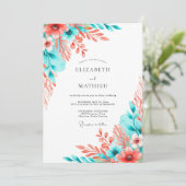 Coral Teal Artistic Bloom Wedding Kaart (Staand voorkant)