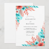 Coral Teal Artistic Bloom Wedding Kaart (Voorkant / Achterkant)