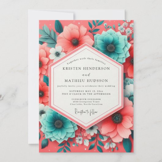 Coral Teal Bloom Romance Wedding Kaart (Voorkant)