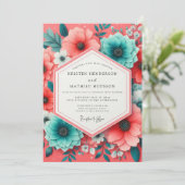 Coral Teal Bloom Romance Wedding Kaart (Staand voorkant)