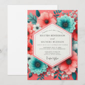 Coral Teal Bloom Romance Wedding Kaart (Voorkant / Achterkant)