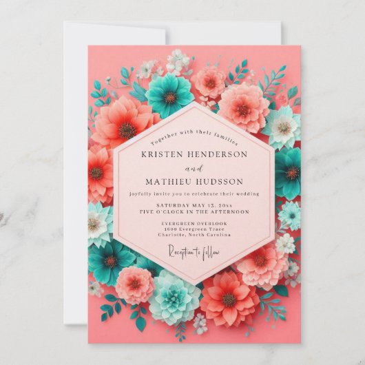 Coral Teal Bloom Whimsy Wedding Kaart (Voorkant)