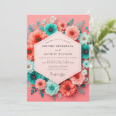 Coral Teal Bloom Whimsy Wedding Kaart (Staand voorkant)