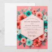 Coral Teal Bloom Whimsy Wedding Kaart (Voorkant / Achterkant)