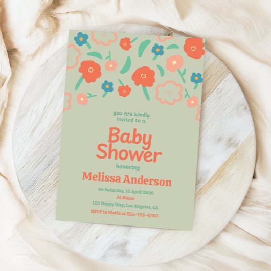 Coral, Teal & Peach Whimsical Floral Baby Shower   Kaart
