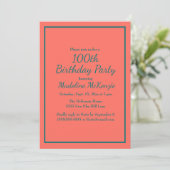 Coral Teal Striped 100th Birthday Party Invite Kaart (Staand voorkant)