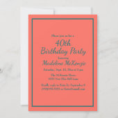 Coral Teal Striped 40th Birthday Party Invite Kaart (Voorkant)