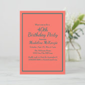 Coral Teal Striped 40th Birthday Party Invite Kaart (Staand voorkant)
