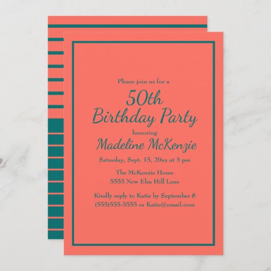 Coral Teal Striped 50th Birthday Party Invite Kaart (Voorkant / Achterkant)