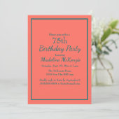 Coral Teal Striped 75th Birthday Party Invite Kaart (Staand voorkant)