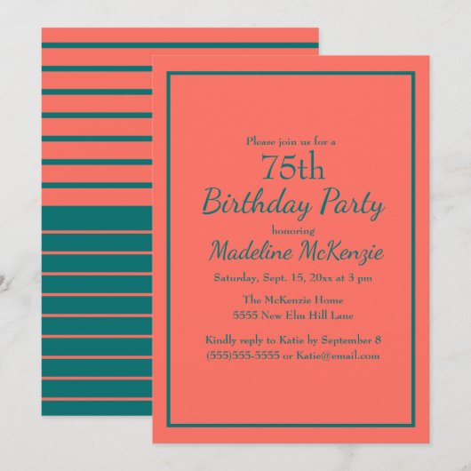 Coral Teal Striped 75th Birthday Party Invite Kaart (Voorkant / Achterkant)