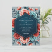 Coral Teal Vibrant Flora Wedding Kaart (Staand voorkant)