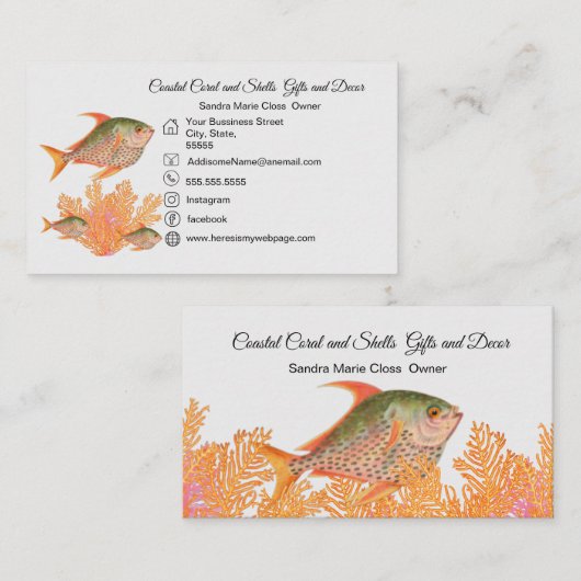 Coral Tropical Fish Black White Simple Coastation Visitekaartje (Voorkant / Achterkant)