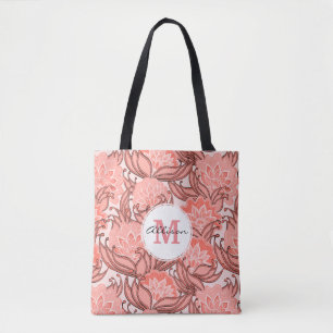 Coral Tropical Floral Pattern met Monogram Tote Bag
