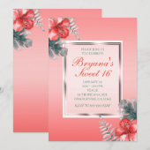 Coral Tropical Hibiscus & Leaves Party Uitnodiging (Voorkant / Achterkant)