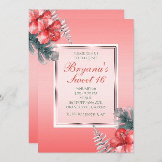 Coral Tropical Hibiscus & Leaves Party Uitnodiging (Voorkant / Achterkant)