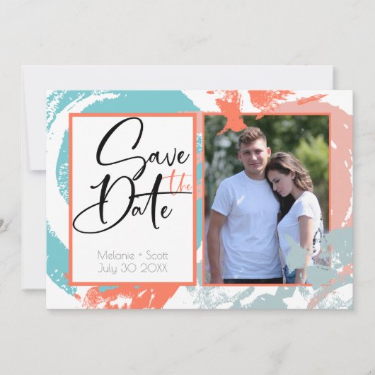 Coral Turquoise Brush Strokes Save the Date Kaart (Voorkant)